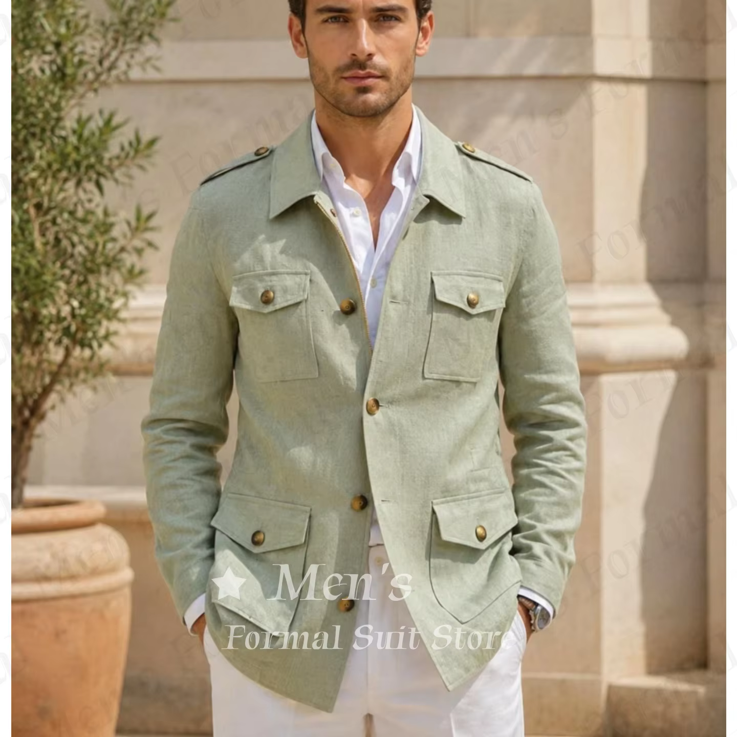 Veste Safari en Lin Vert Sauge pour Homme, Blazer de Chasse Vintage Britannique, Manteau Léger et Respirant pour l'Été, Style Britannique Personnalisé