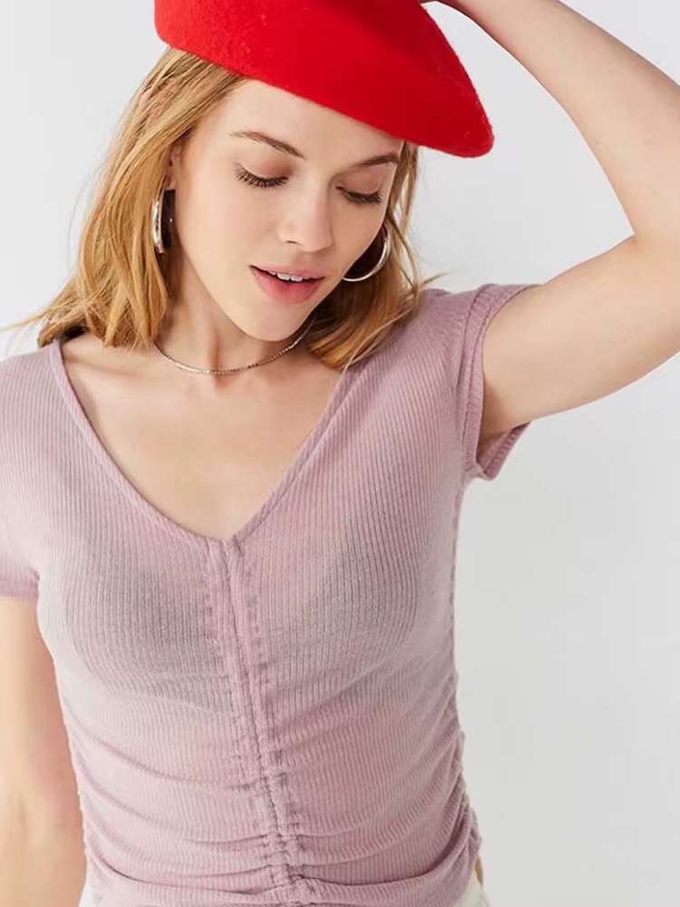 Gilet court Sexy à col en v pour femmes, avec cordon de serrage noué sur le devant, couleur bonbon, décoration de rue, haut court côtelé