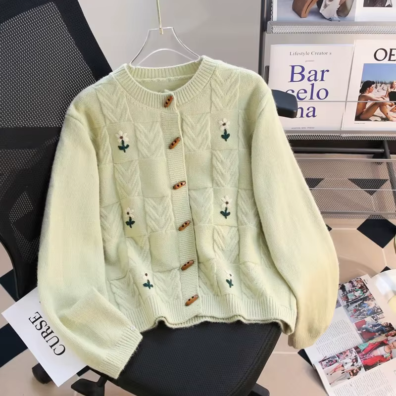 Veste pull torsadée brodée rétro pour femmes