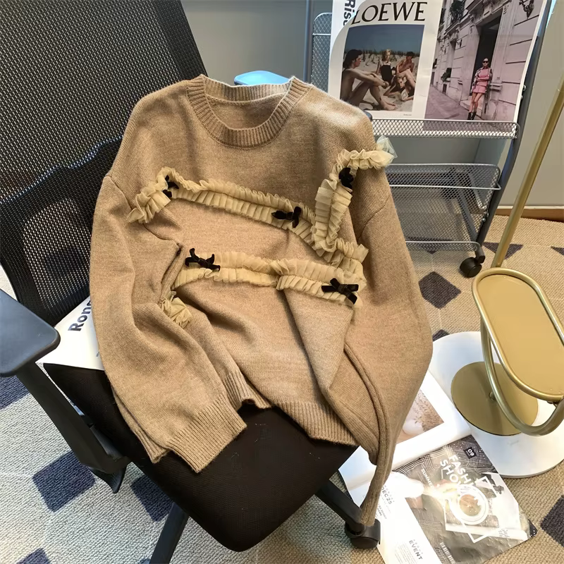 Faire un nouveau pull d'hiver femme col rond dentelle nœud papillon détendu joker bord bref paragraphe