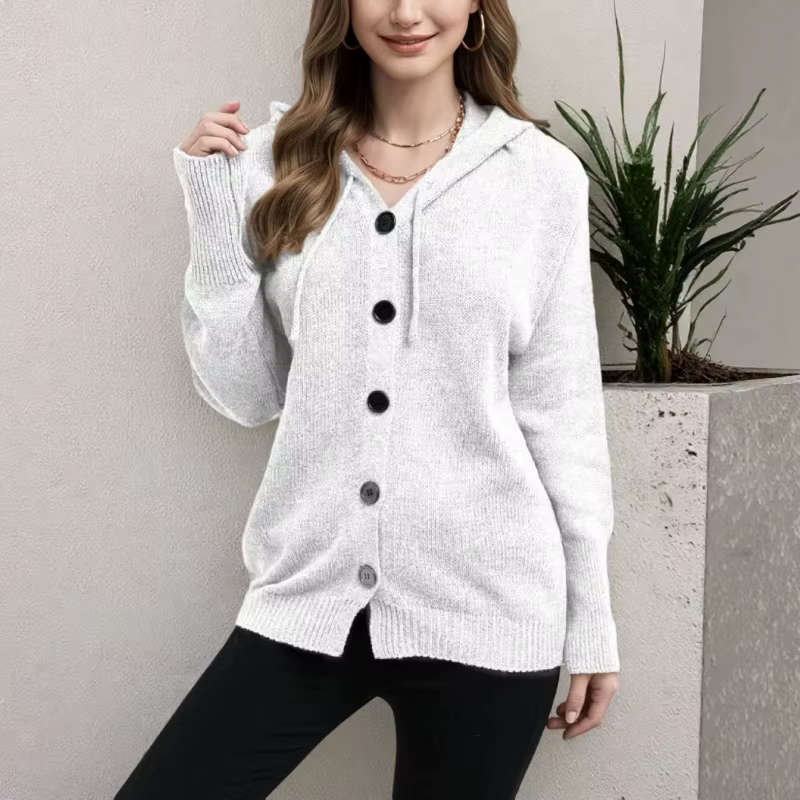 Pull tricoté à col en V et à capuche