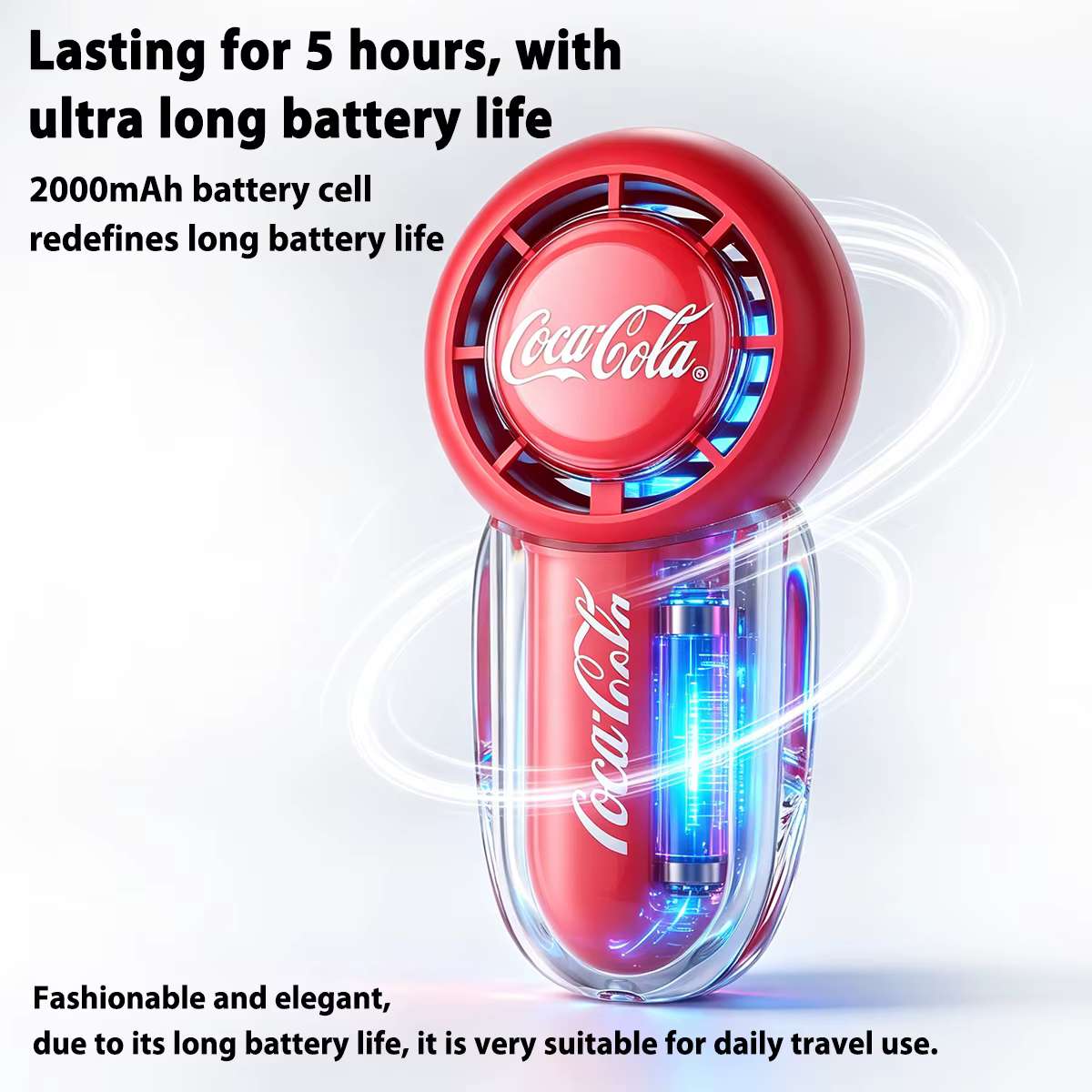 Mini ventilateur portatif Coca-Cola, ventilateur de poche rechargeable par USB 2000mAh, vent super puissant, 3 vitesses, longue durée de vie de la batterie, pour les voyages en plein air