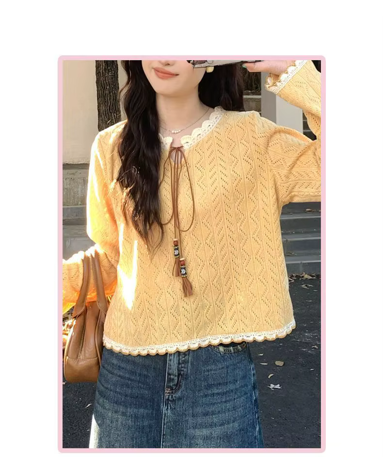 Pull en tricot ajouré jaune doux et élégant pour femme