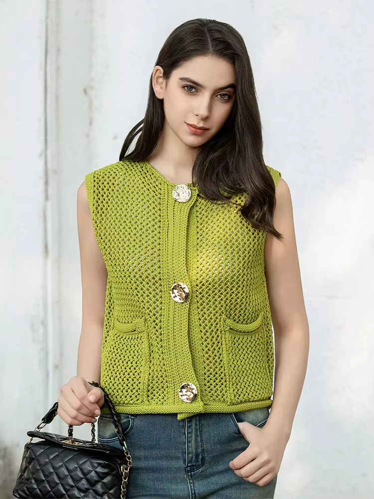 HH femmes élégant mode tricoté gilet col rond sans manches Vintage solide boutons en métal pull avec poches haut court de rue