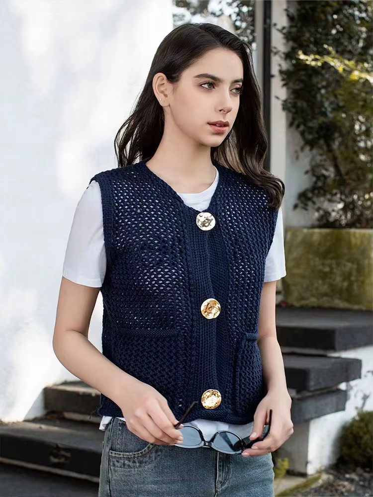 HH femmes élégant mode tricoté gilet col rond sans manches Vintage solide boutons en métal pull avec poches haut court de rue