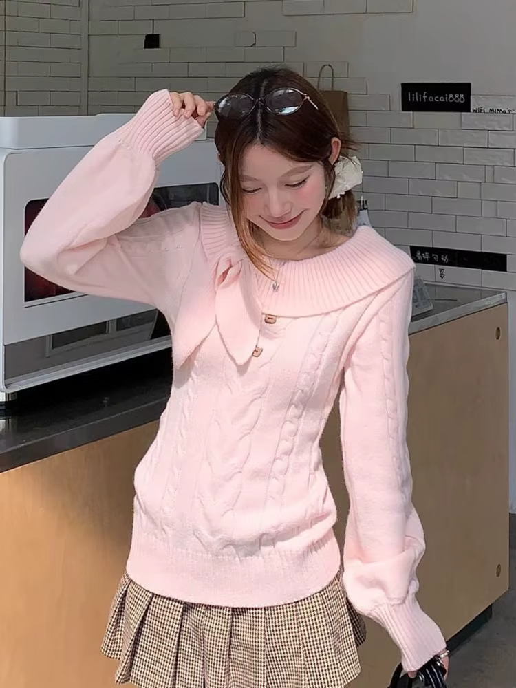 Femmes doux rose pull décontracté à manches longues mignon arc Vintage tricoté