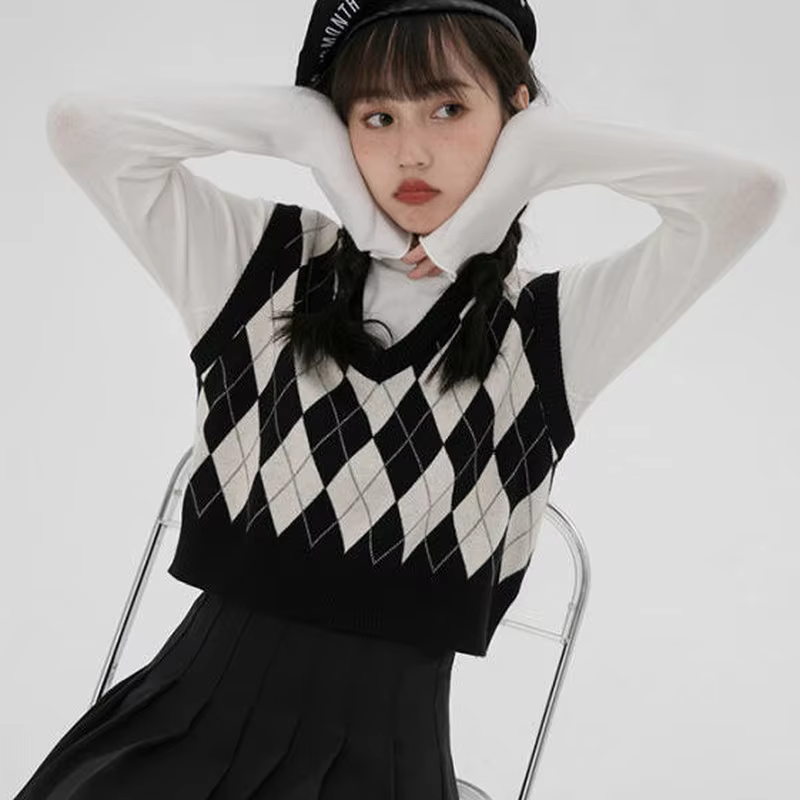 Argyle-Pull rétro à col en V pour femmes
