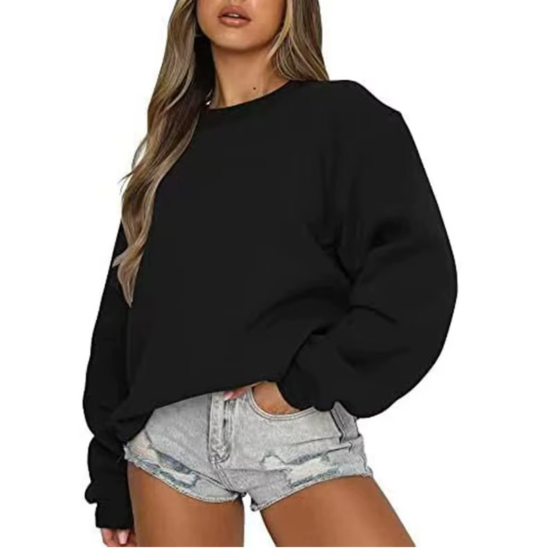 Printemps automne femmes sweat quotidien pull décontracté couleur unie vêtements de sport confort haut col en o ample à manches longues sweat-shirt