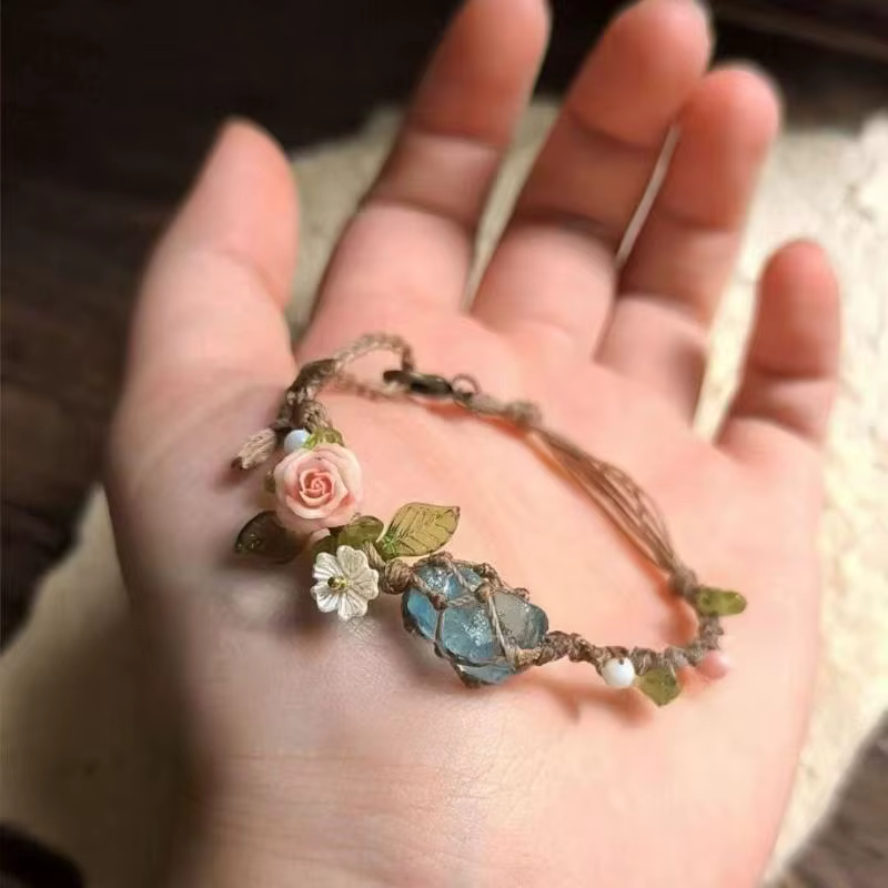 Bracelet ajustable fait main en perles d'aigue-marine, maille de cristal, bijou élégant pour le yoga et le fitness
