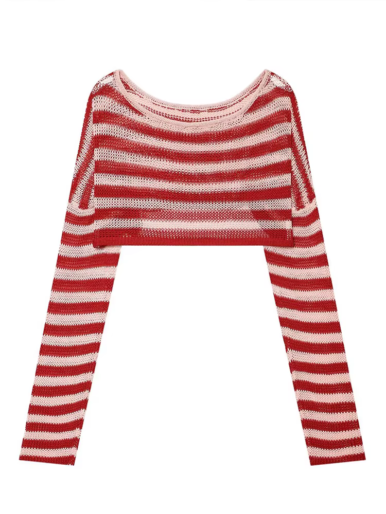 HH Fashion – Nouveau pull court en maille rayée pour femme