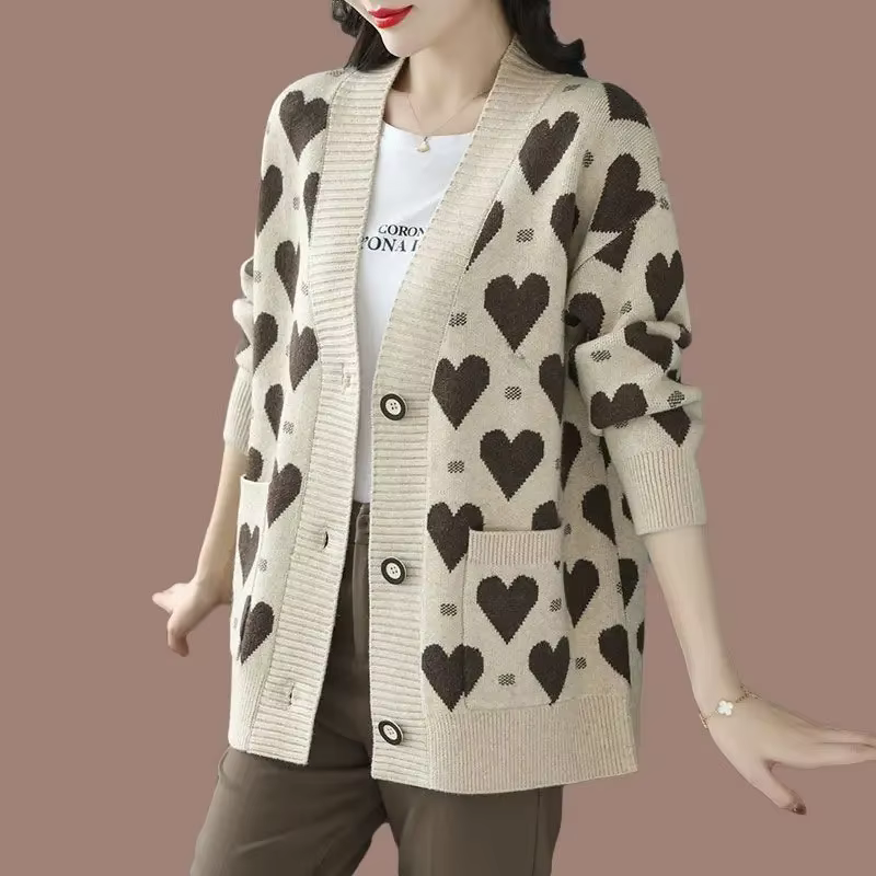 Cardigan femme hiver 2025 vintage patchwork col en V coupe ample polyester acétate automne noir bleu ciel vert armée occassions spéciales