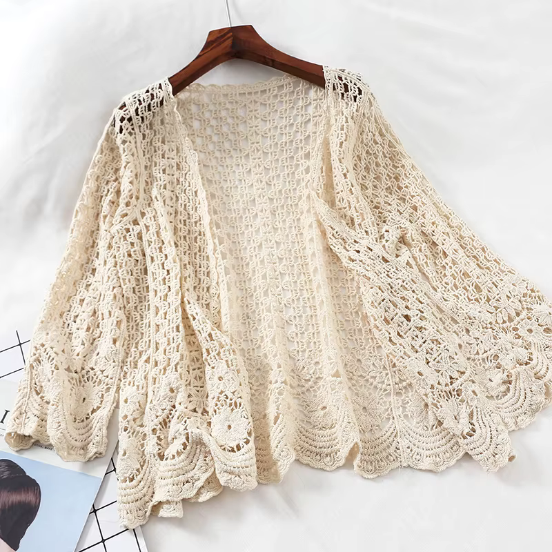Cardigan en dentelle ouverte au crochet ajouré haussement d'épaules femme décontracté fleur blanche florale point ouvert femmes pull en vrac tricoté vêtements d'extérieur