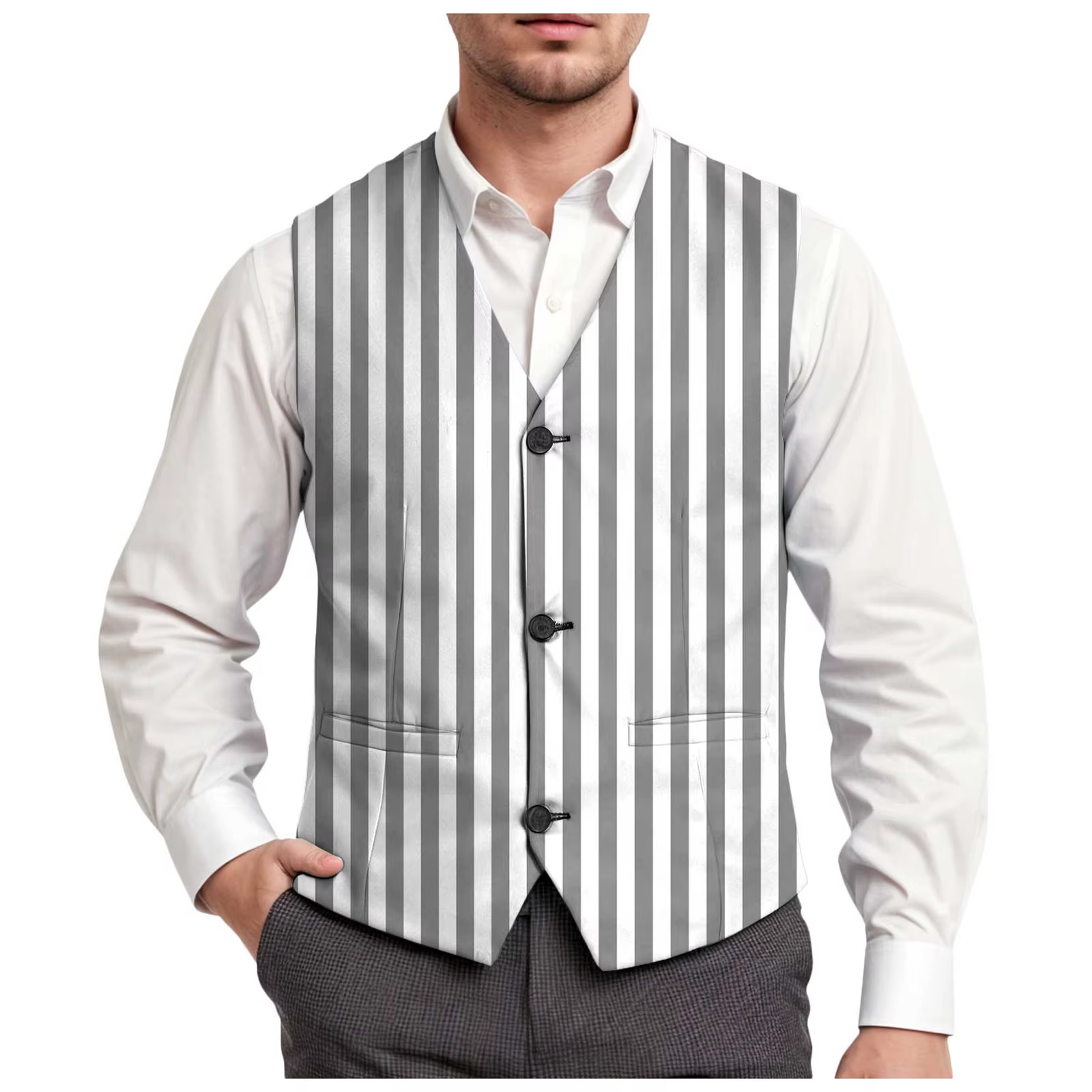 Gilet de Costume Homme Formel Business Rayé Slim Chic Col V Simple Boutonnage Sans Manches pour Mariage