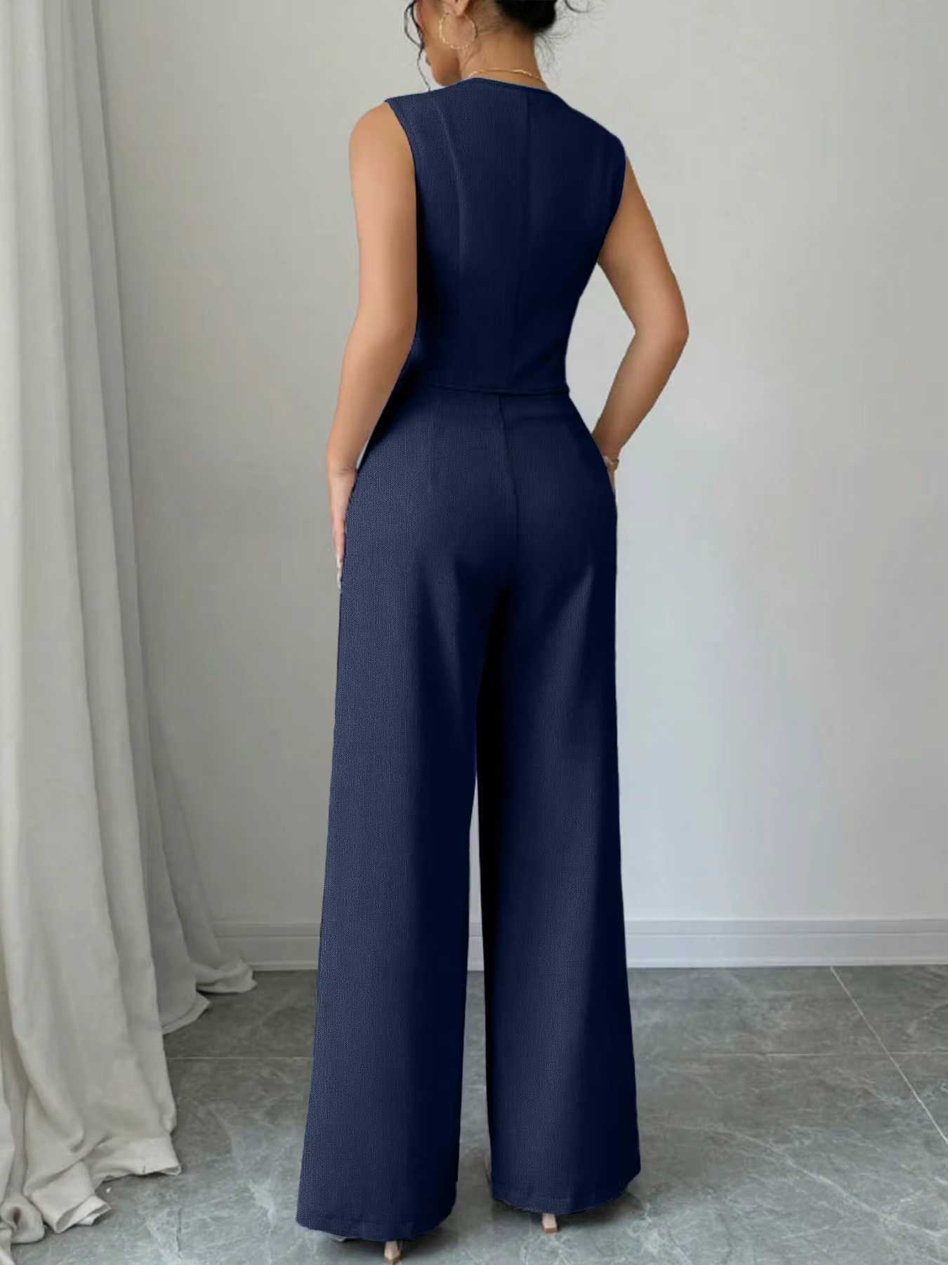 Ensemble tailleur pantalon femme printemps-été bleu marine, gilet sans manches et pantalon large taille haute, élégant pour le bureau ou décontracté, tenue deux pièces