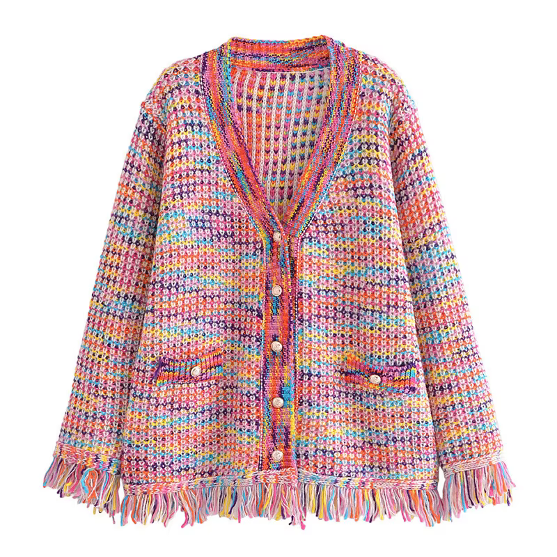 Nouveau automne arc-en-ciel couleur tricoté pull femmes mode col en v gland décoration Cardigan dame rétro simple boutonnage décontracté hauts
