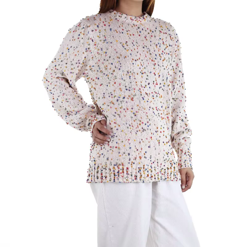 Pull tricoté pour femme, crochet à pois colorés, col rond, automne et hiver