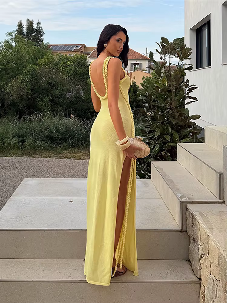 Robe longue de soirée pour femme, col licou, tricotée, avec bordure tressée, découpes et fente haute, couleur unie, nouvelle mode 2026