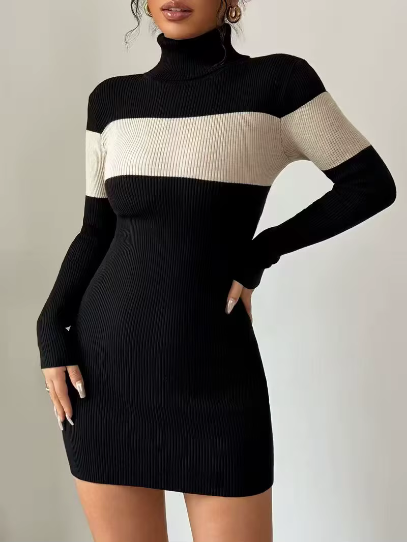 Robe en tricot ajustée à col montant et blocs de couleur – Vêtement élégant pour femme automne/hiver
