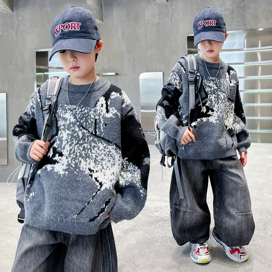 Pull de noël de couleur grise pour enfants, pour grand garçon, mode décontractée, automne hiver, vêtements tricotés pour adolescents, tricot de styliste