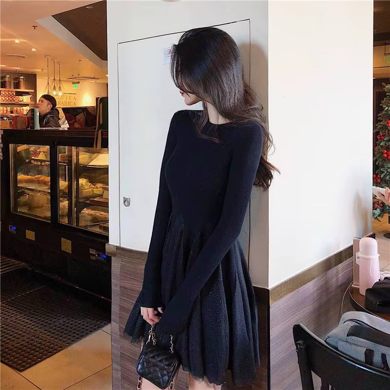 Nouvelle robe d'hiver avec maille manches longues velours automne taille haute minceur a-ligne jupe à paillettes