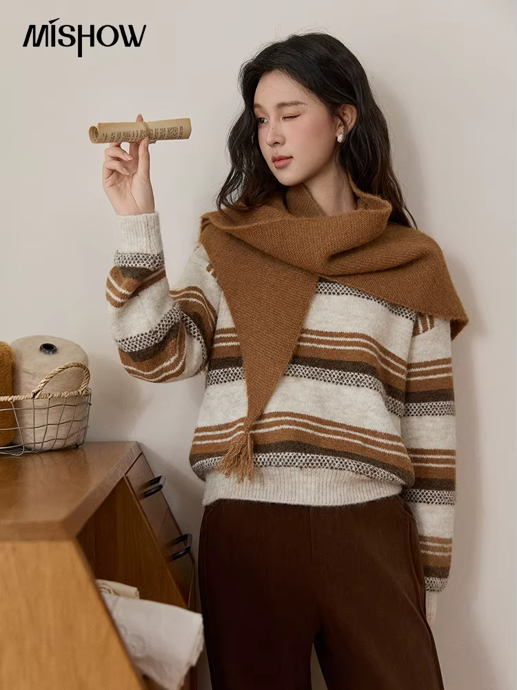 MISHOW femmes laine mélange rétro rayé pull avec écharpe ensemble 2025 hiver tricoté col rond chaud lâche chandails MXE94Z2987