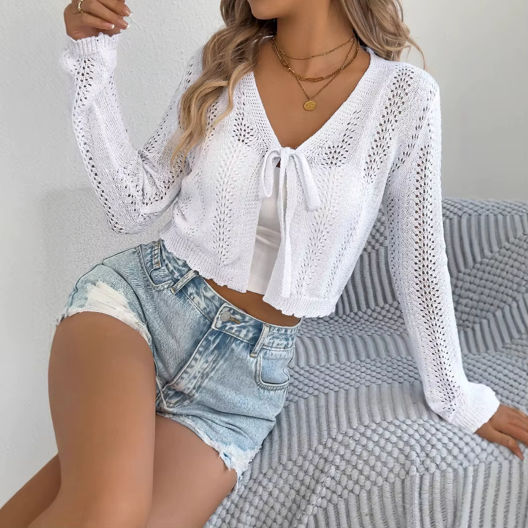 Shoujo fille esthétique Crochet tricot cravate devant Cardigan à manches longues col en V décontracté haut court filles Y2K vêtements