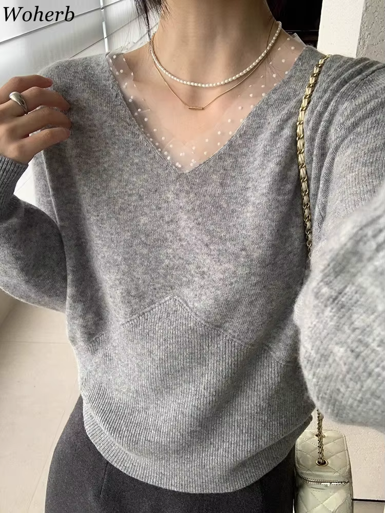 Pull coréen Patchwork à pois col en v pulls femmes Sueter Mujer à manches longues doux