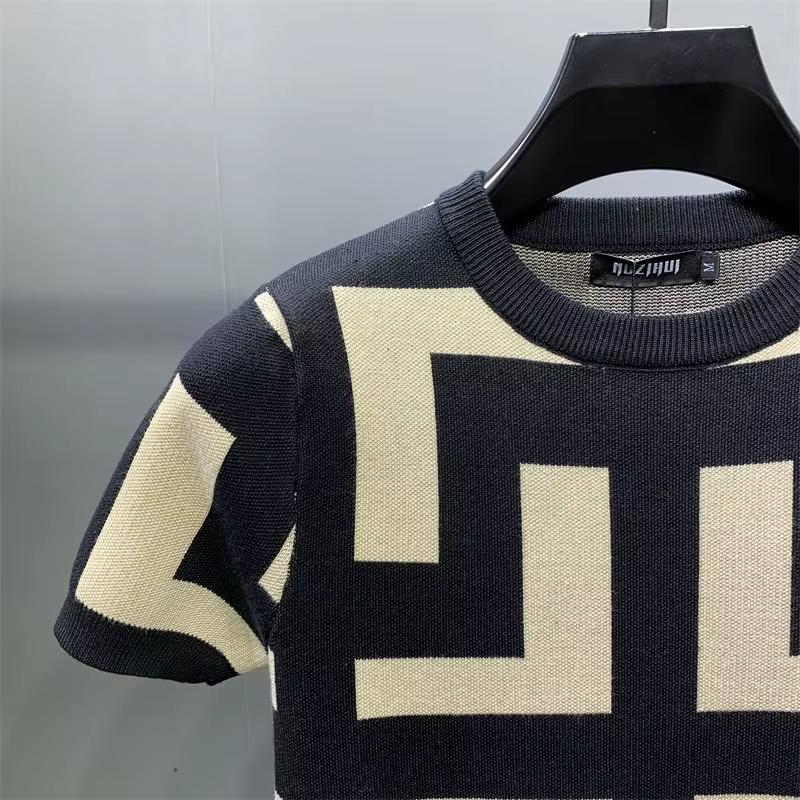 Pull à manches courtes pour hommes, Slim, grande taille, Jacquard, demi-manches, extensible, beau, à demi-manches