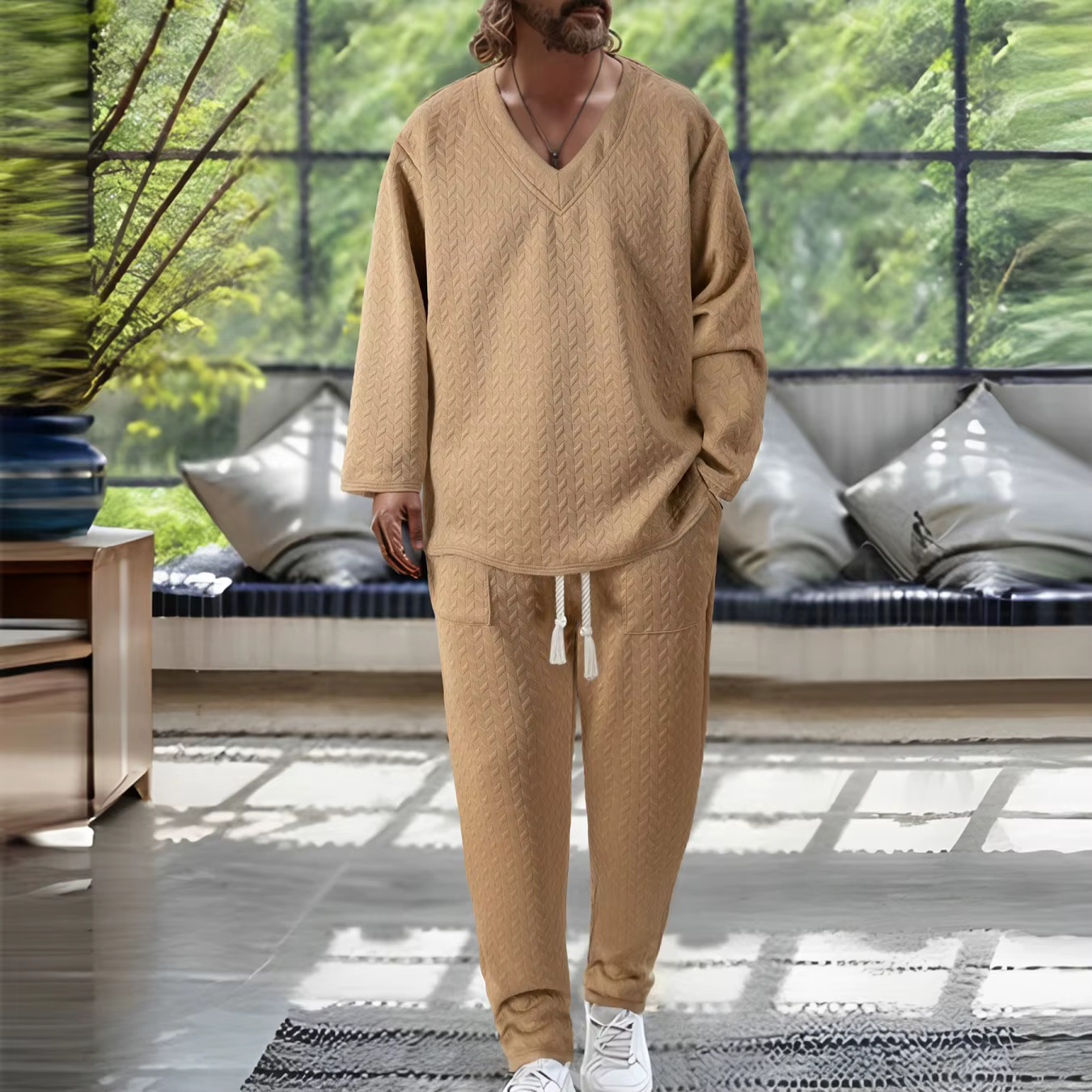 T-shirt pour homme à col en V, tendance, chaud et durable, couleur unie, texture ondulée, manches longues avec poches, tenue décontractée printemps-automne