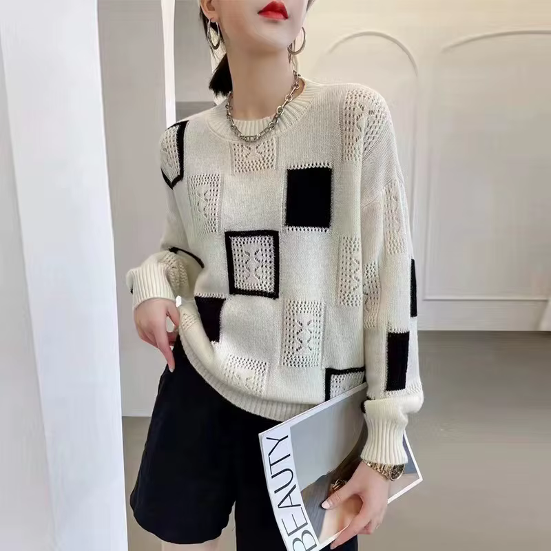 Vêtements pour femmes Vintage géométrique Patchwork tricoté pull décontracté Streetwear hauts pullover à manches longues T-Shirts sur mesure