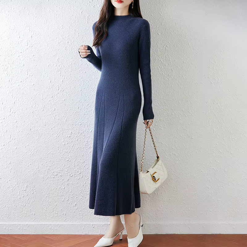 Nouvelle robe à col rond pour femmes avec pull 100% laine mérinos automne et hiver