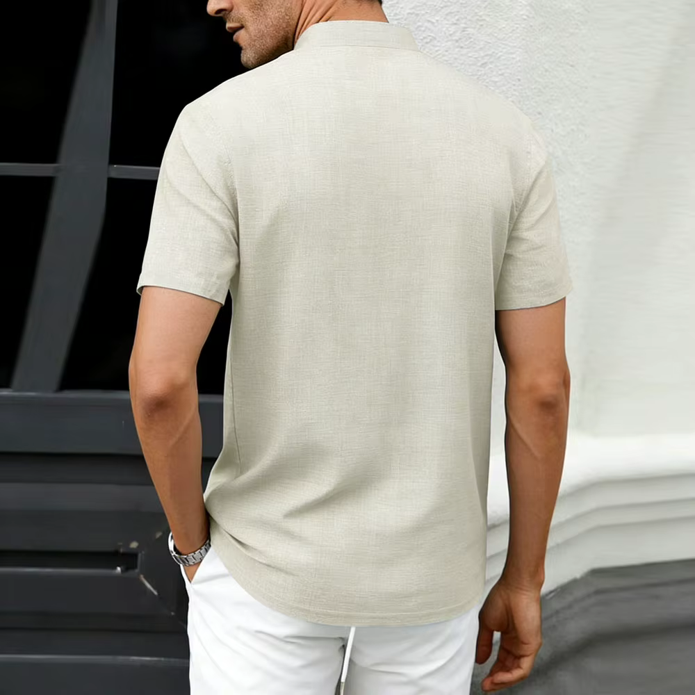 Chemise Henley à col montant pour homme, aspect lin, décontractée, manches courtes, boutonnée, légère, t-shirt d'été pour la plage
