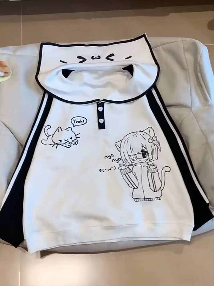 Sweat-shirts à col marin mignons pour femmes, à manches longues, style dessin animé Kawaii, pull-over tendance, coupe ample, style preppy doux, hauts rayés pour l'automne
