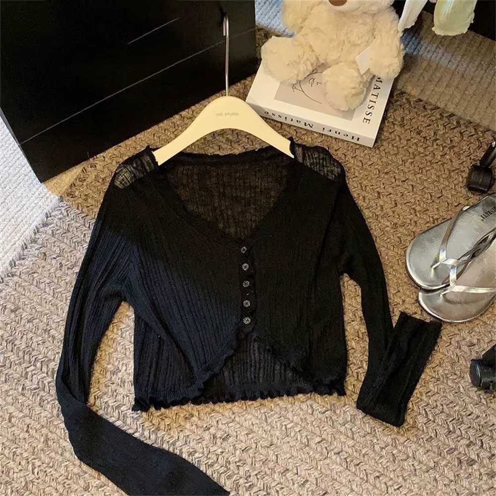 2025 pull été rose Cardigan mode coréenne dentelle bouton à manches longues haut court femmes