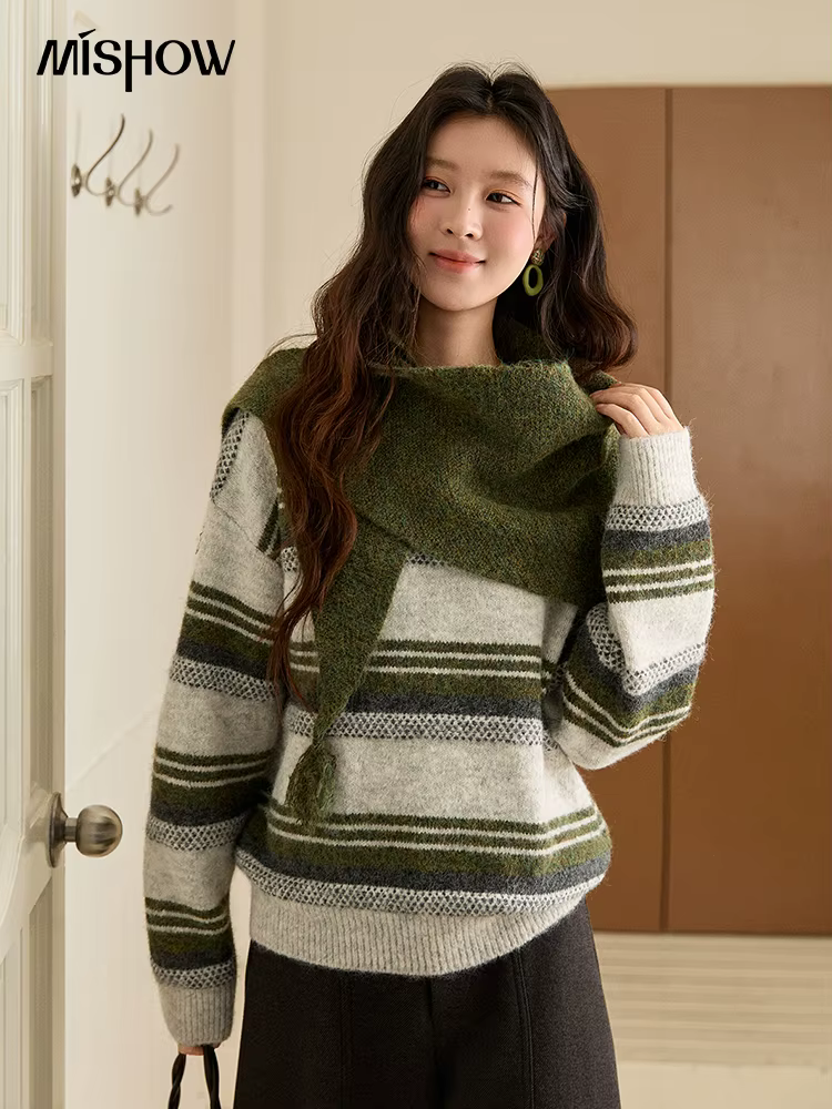 MISHOW femmes laine mélange rétro rayé pull avec écharpe ensemble 2025 hiver tricoté col rond chaud lâche chandails MXE94Z2987