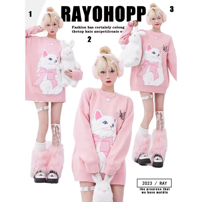 Doux fille femmes dessin animé pull mignon flocage chat à manches longues col rond haut tricoté automne hiver nouveau tricoté sweat surdimensionné
