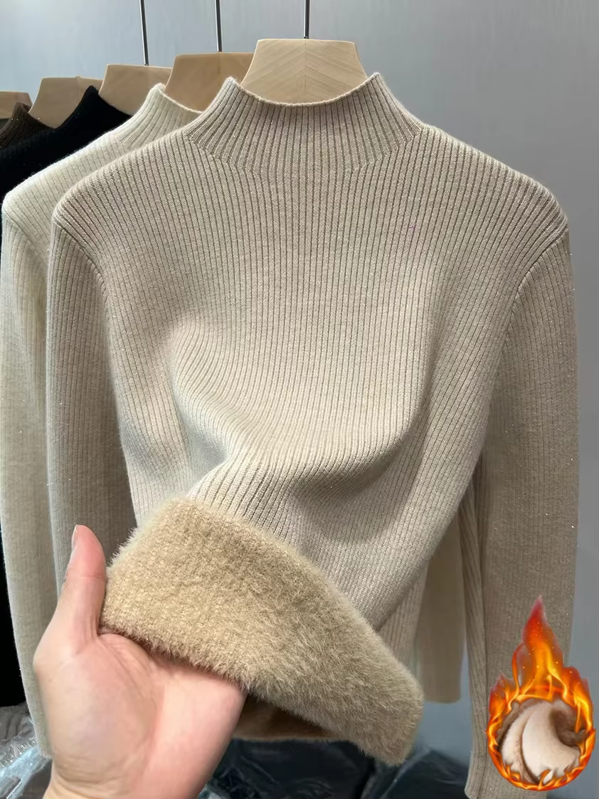 Col roulé hiver pull femmes élégant épaissir velours doublé chaud Sueter tricoté
