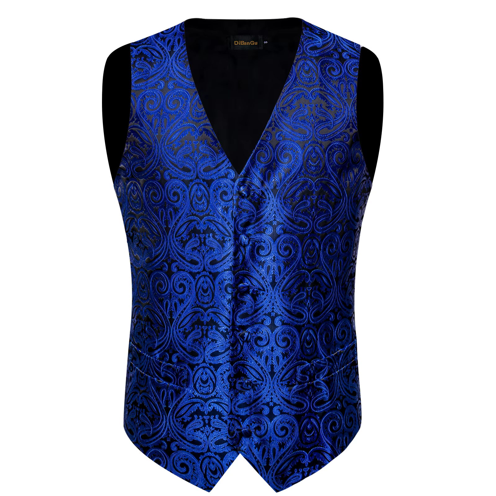 Gilet de costume de luxe pour hommes, bleu Royal, Paisley, avec cravate au cou, mouchoir, boutons de manchette, manches de smoking pour bal de mariage