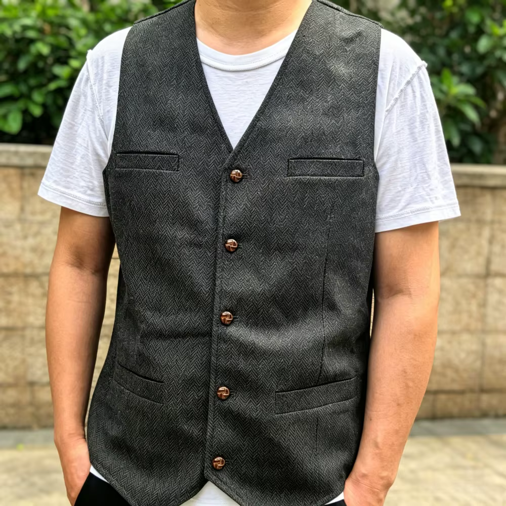 Gilet pour homme en tweed à chevrons, col en V, coupe ajustée, pour bal de promo, mariage, garçons d'honneur