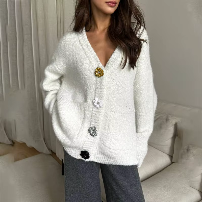 Cardigan à col en v, veste en laine, nouveau design ample, pull avec boucle en métal, printemps et automne