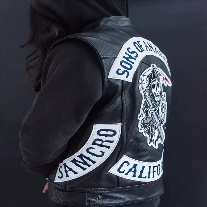 Gilet en cuir pour hommes, Costume de Cosplay de moto, veste sans manches, Sons An broderie Rock Punk, gilet en PU, col en V ukh