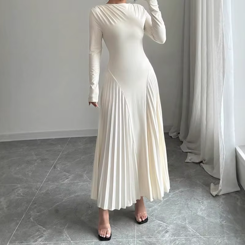 Robe tricotée à manches longues pour femmes, tenue élégante plissée pour Banquet d'automne