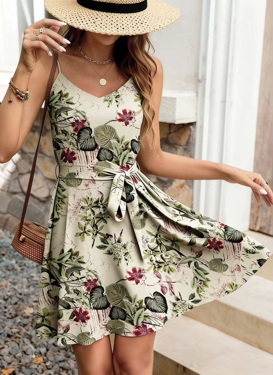 Robe élégante sans bretelles pour femme, col en V, imprimé floral, avec taille froncée.