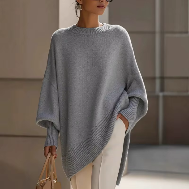Pull en tricot beige surdimensionné pour femme, manches chauve-souris, ourlet asymétrique, coupe décontractée ample, pour un usage quotidien
