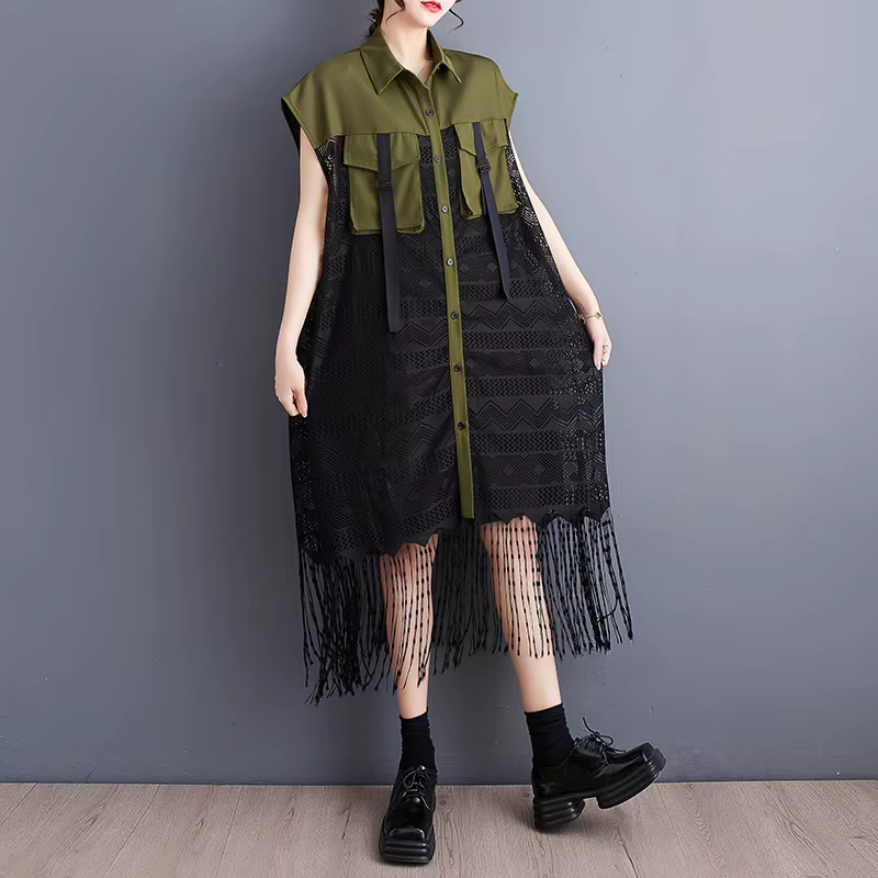 Sans manches maille dentelle surdimensionné vintage nouveau dans les robes pour les femmes décontracté ample longue chemise d'été robe vêtements élégants 2025