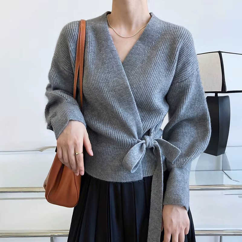 Cardigan portefeuille tricoté pour femmes, avec cravate latérale, surplis sur le devant, veste pull, automne hiver, mode élégante pour dames