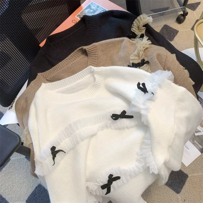 Faire un nouveau pull d'hiver femme col rond dentelle nœud papillon détendu joker bord bref paragraphe