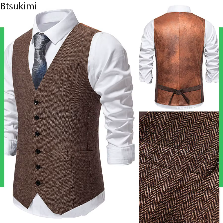Gilet de costume pour hommes, couleur unie, costume à chevrons, vêtements de travail décontractés, rétro marron, gilet à simple boutonnage pour hommes