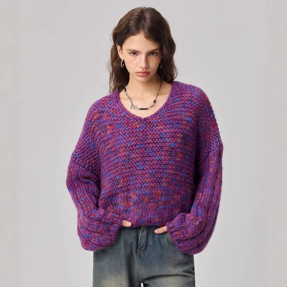 Nouvelle mode pull col en v à capuche couleur mixte pull tricoté