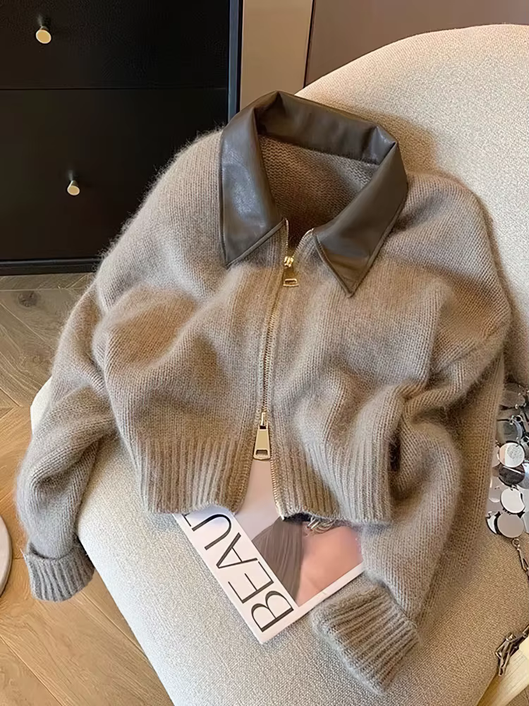 Patchwork fermeture éclair recadrée Cardigan femmes 400g épais automne tricoté pull Bomber veste Vintage 2000s court ajusté tricots manteau